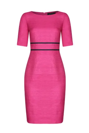 Fuchsia/Navy Raw Silk Dress with Waistband Detail - Anita