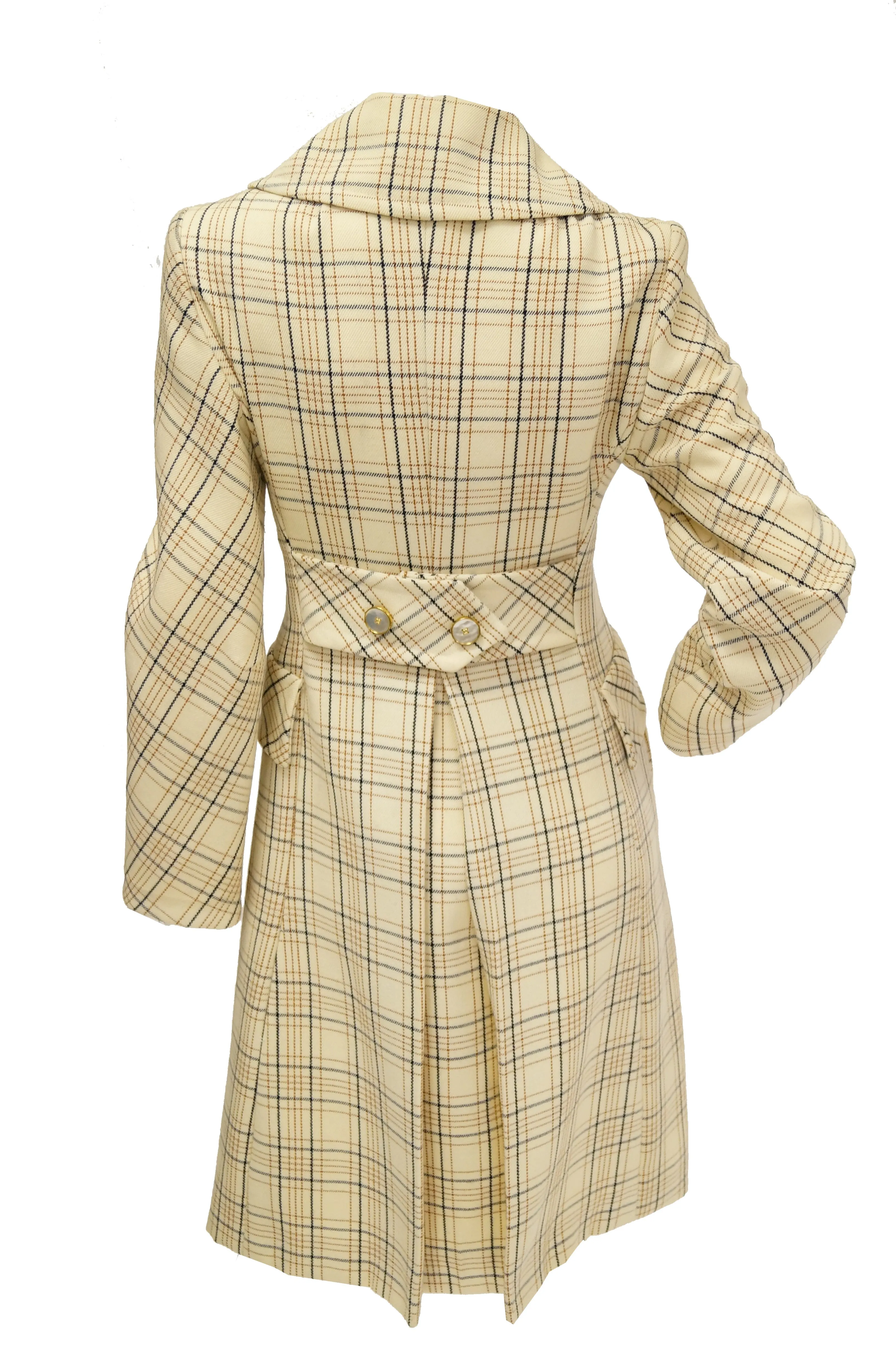 1960s Bill Blass Cream Wool Plaid Coat with Mother of Pearl Buttons