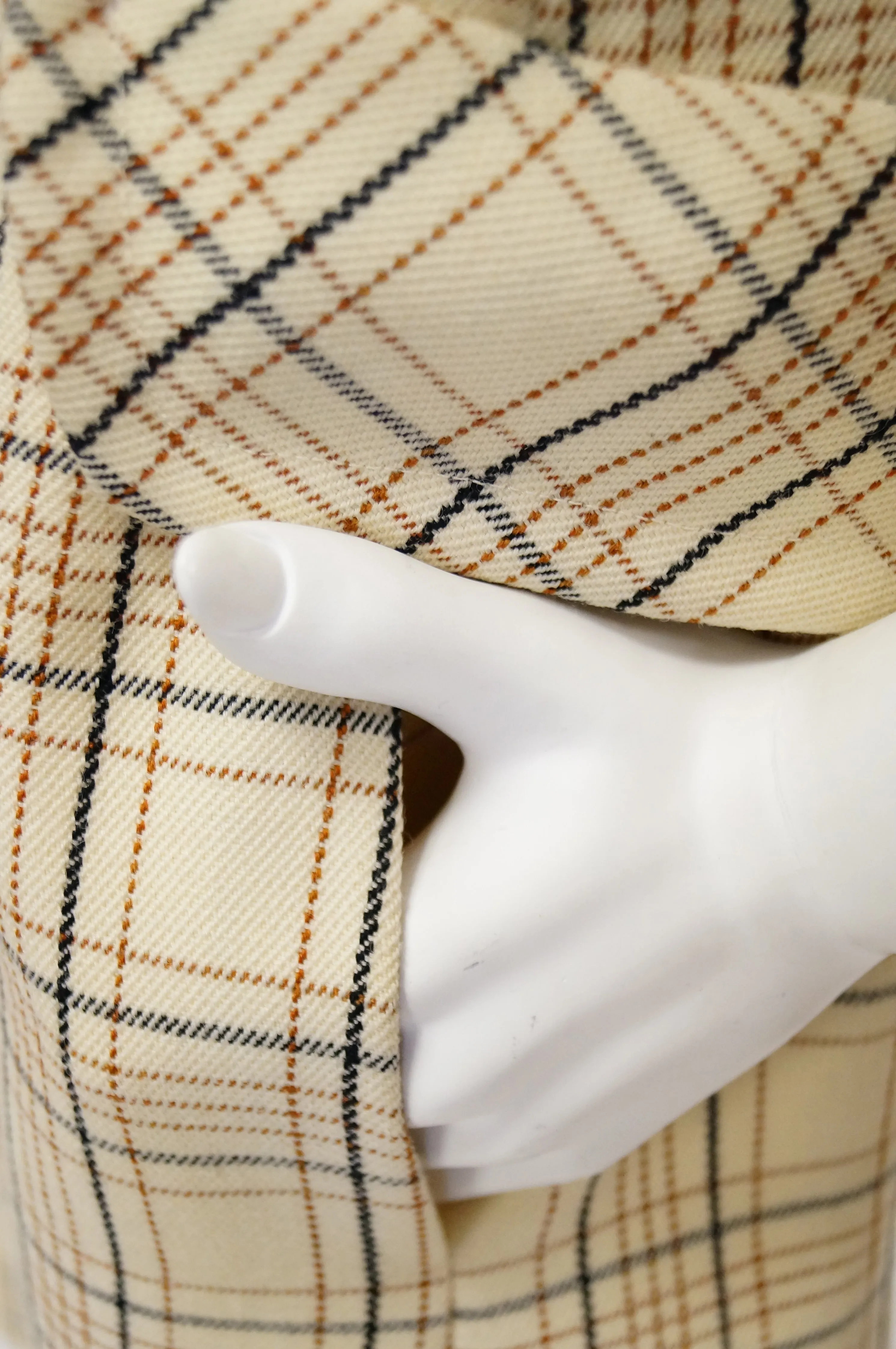 1960s Bill Blass Cream Wool Plaid Coat with Mother of Pearl Buttons