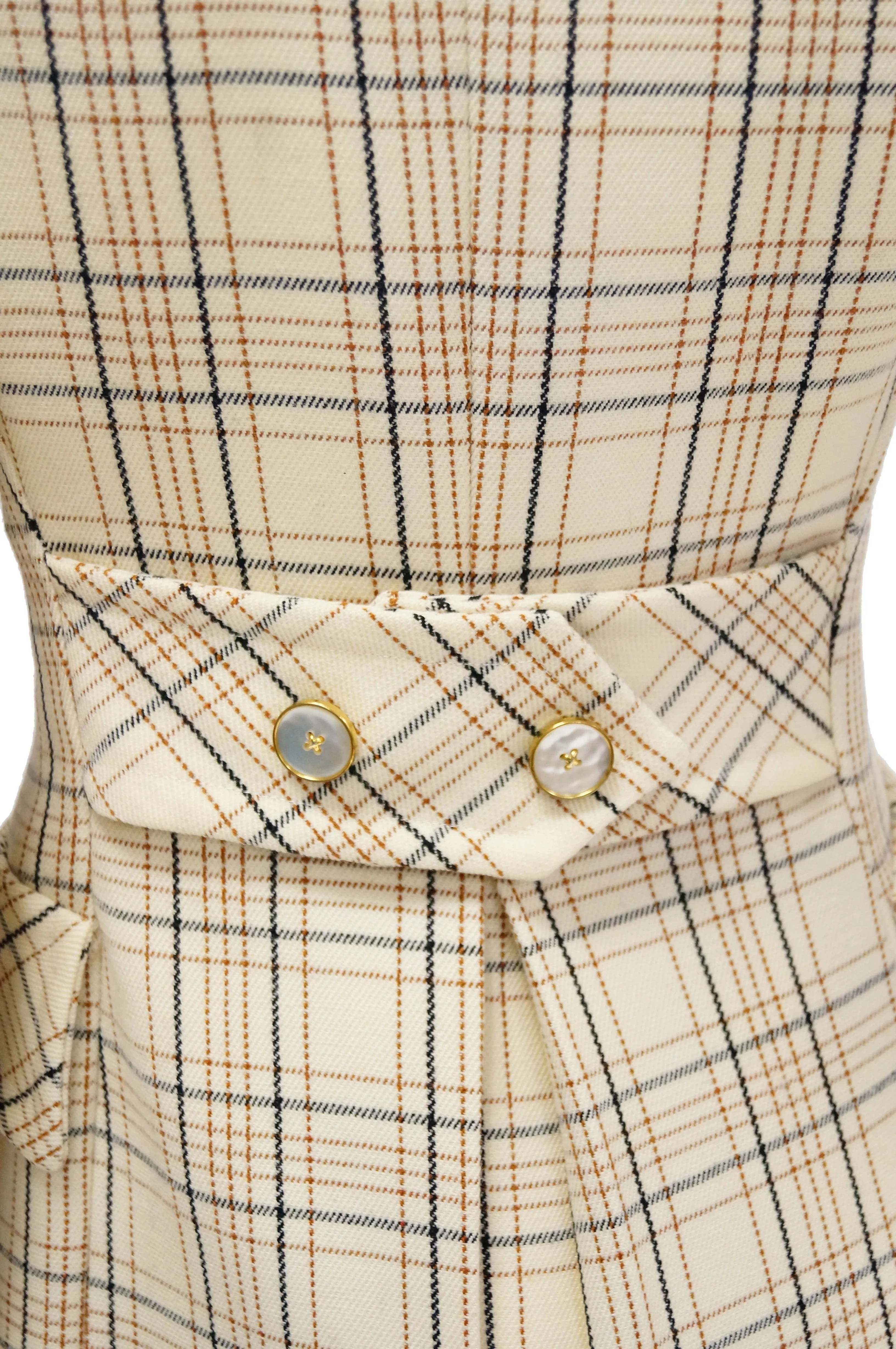 1960s Bill Blass Cream Wool Plaid Coat with Mother of Pearl Buttons