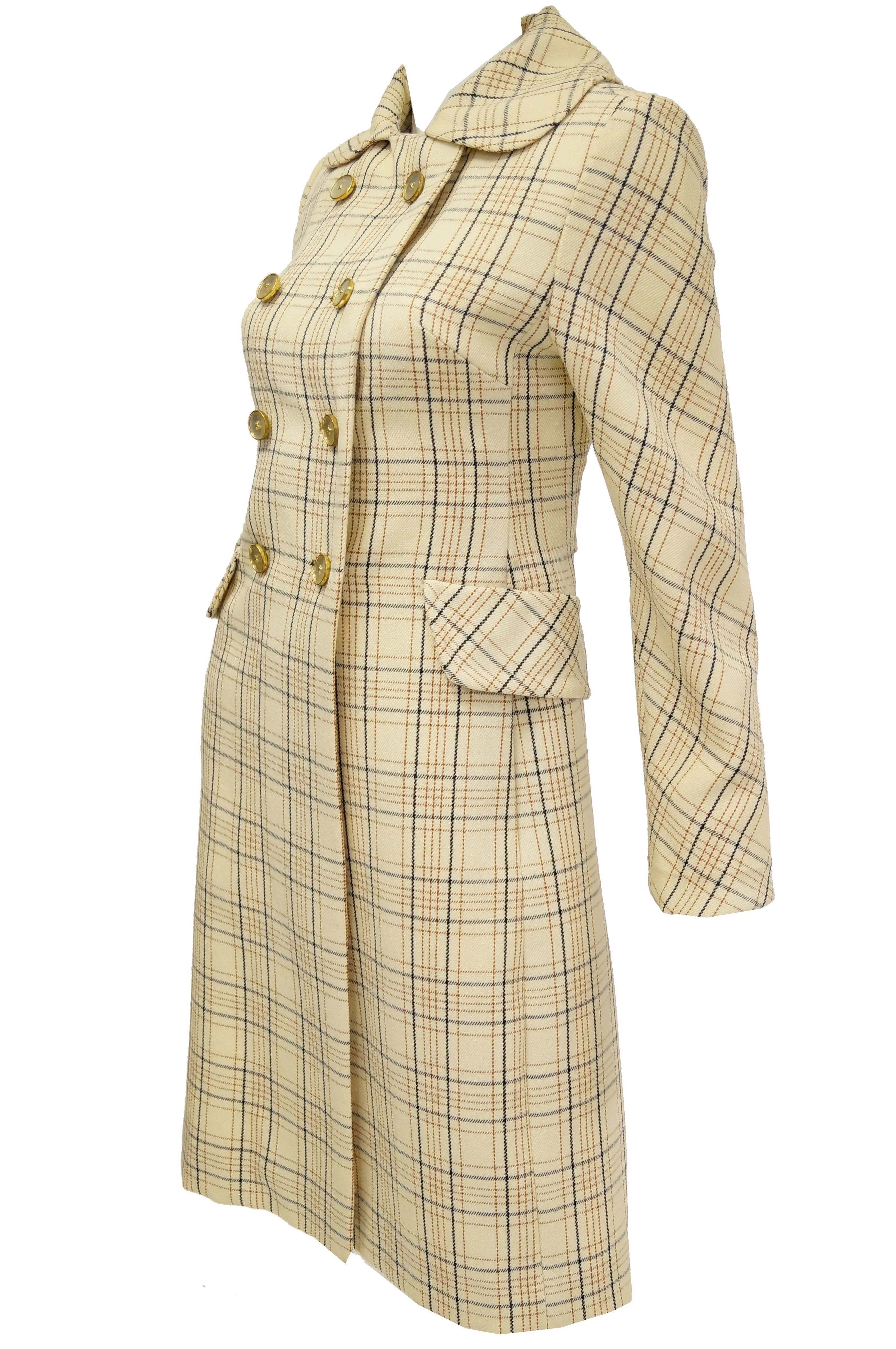 1960s Bill Blass Cream Wool Plaid Coat with Mother of Pearl Buttons