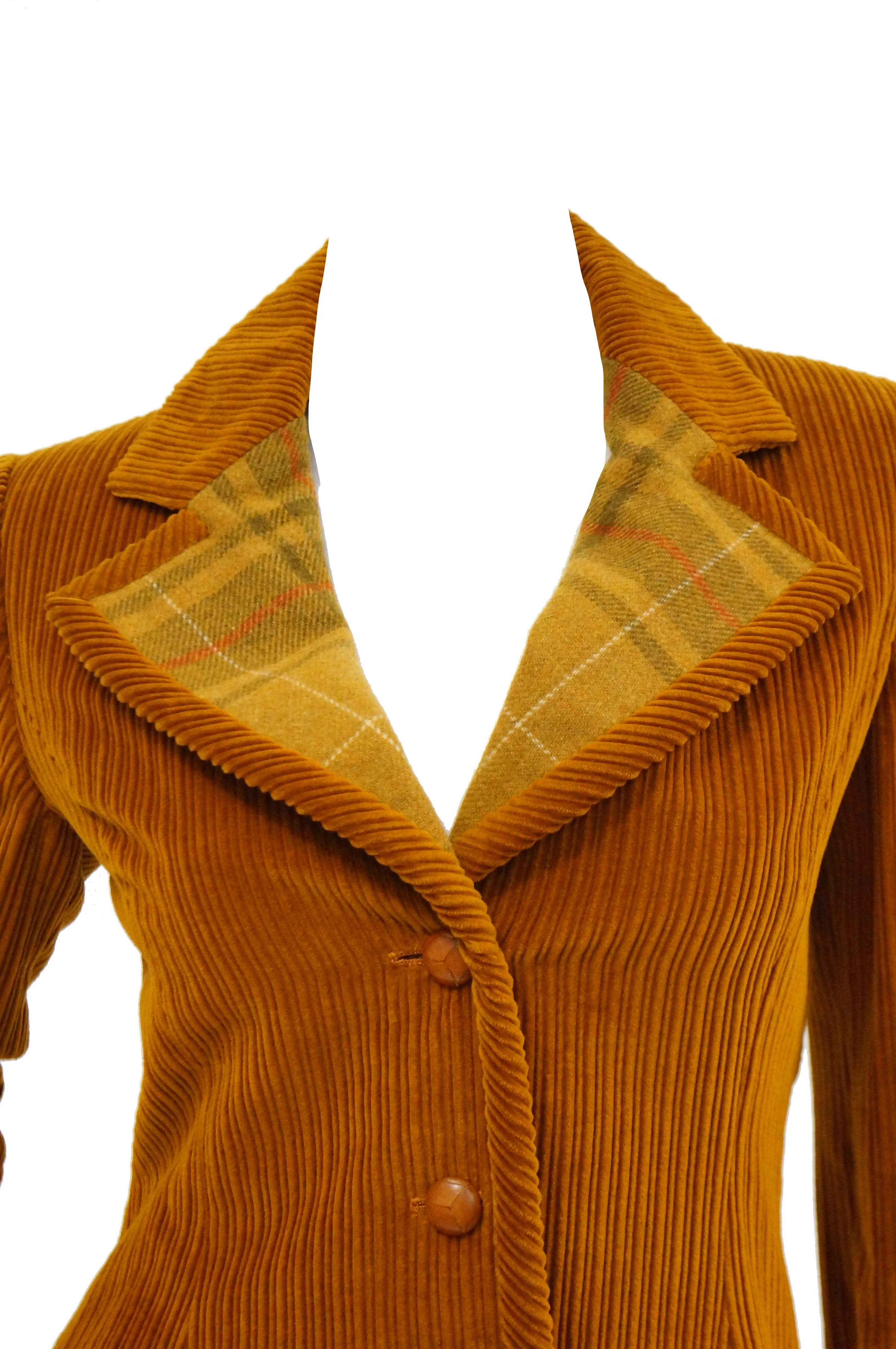 1970s Bill Blass Orange Corduroy and Plaid Pleated Skirt Suit