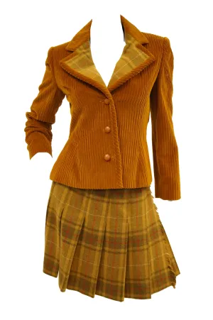 1970s Bill Blass Orange Corduroy and Plaid Pleated Skirt Suit