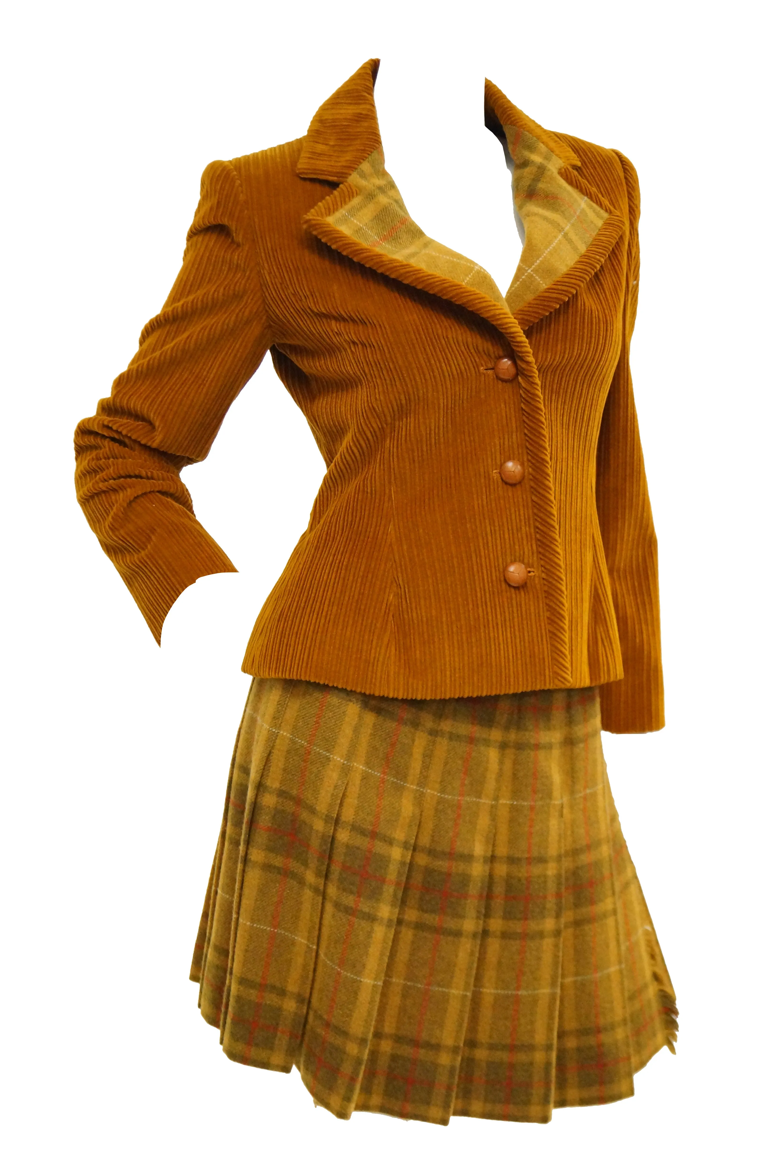 1970s Bill Blass Orange Corduroy and Plaid Pleated Skirt Suit