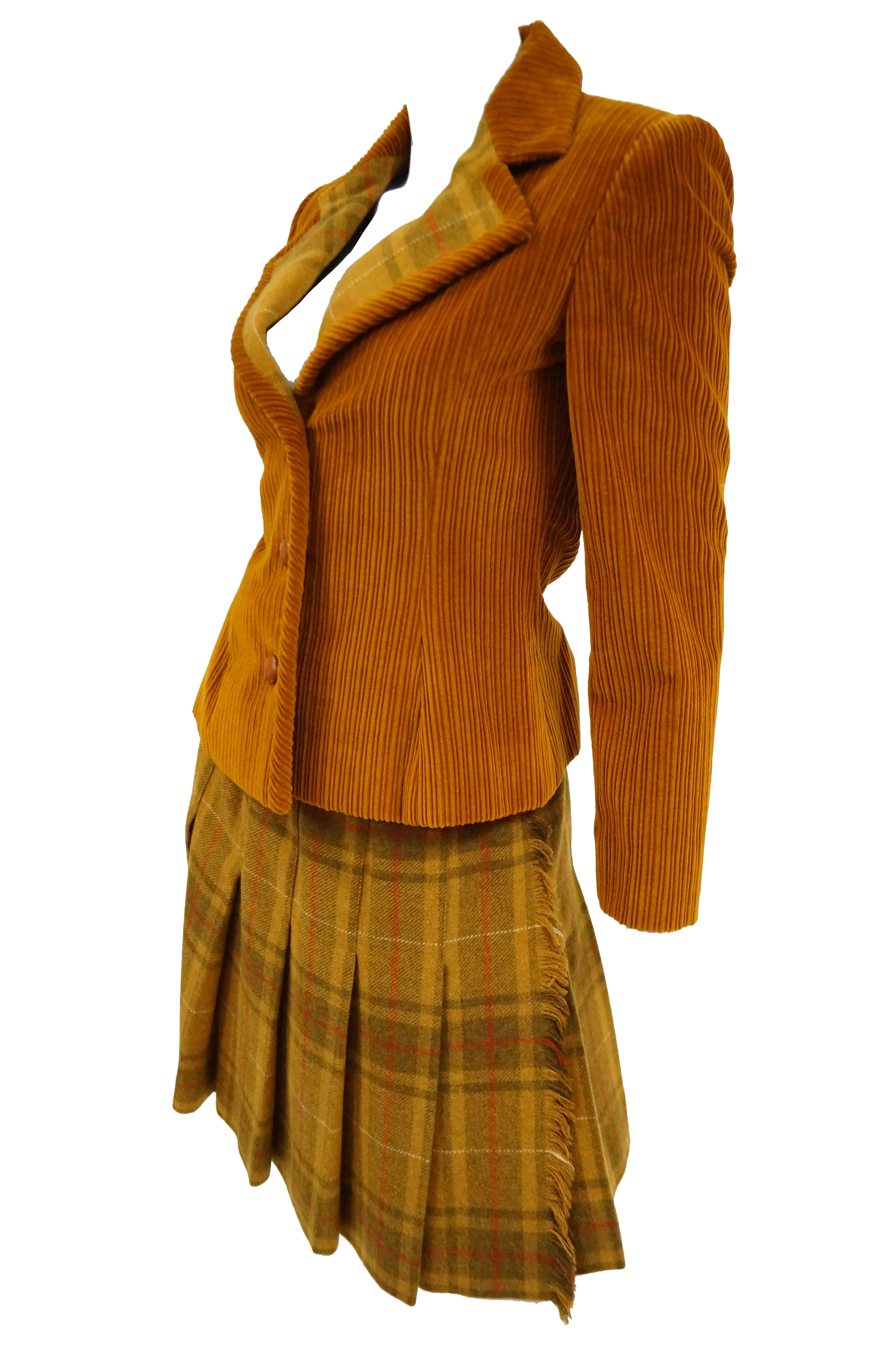 1970s Bill Blass Orange Corduroy and Plaid Pleated Skirt Suit