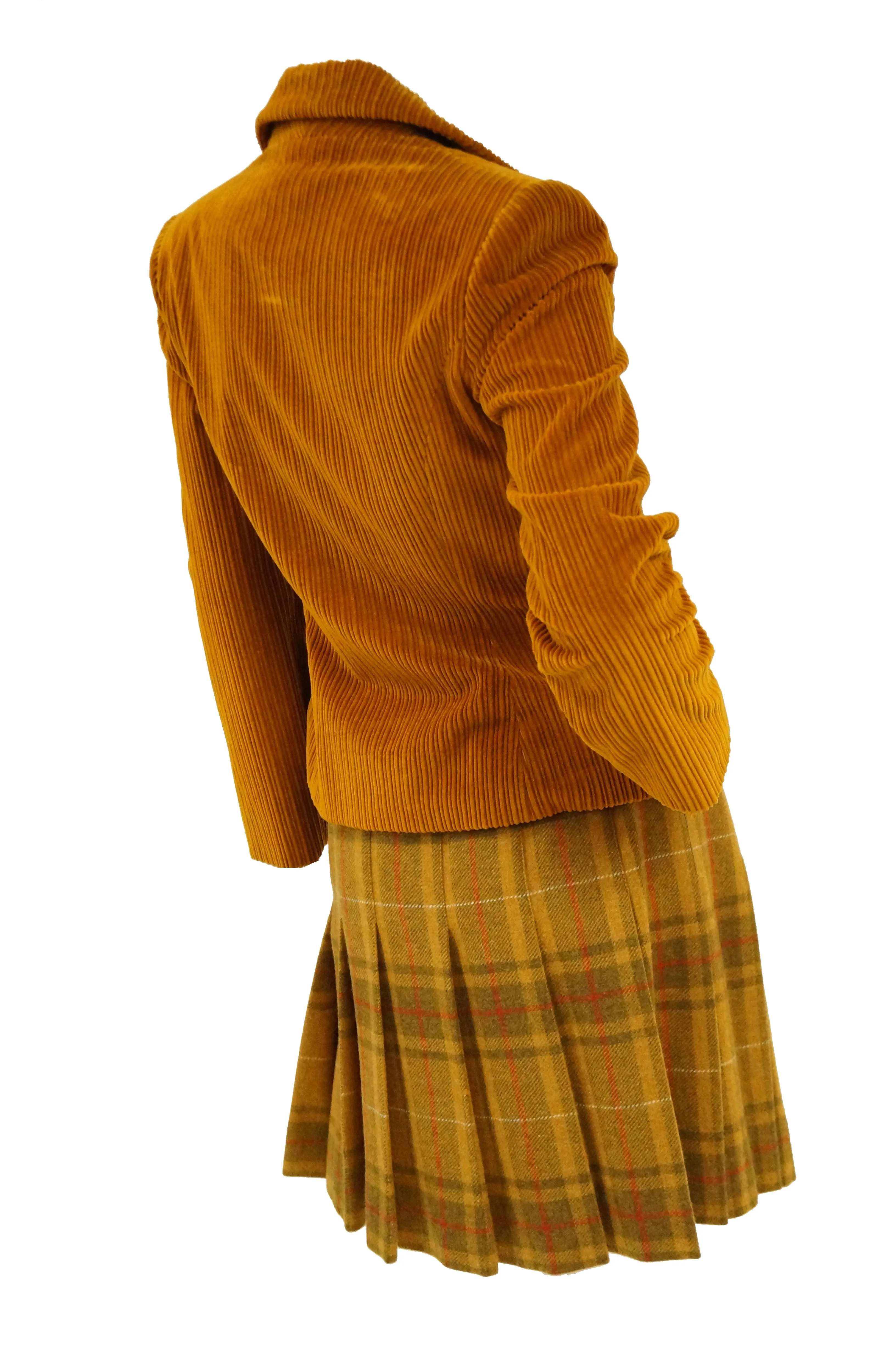 1970s Bill Blass Orange Corduroy and Plaid Pleated Skirt Suit