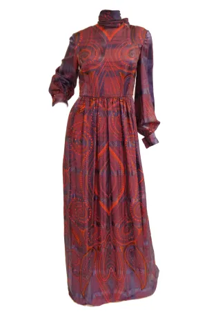 1970s Bill Blass Purple and Red Silk Evening Dress W/ Neck Tie/ Bow Detail