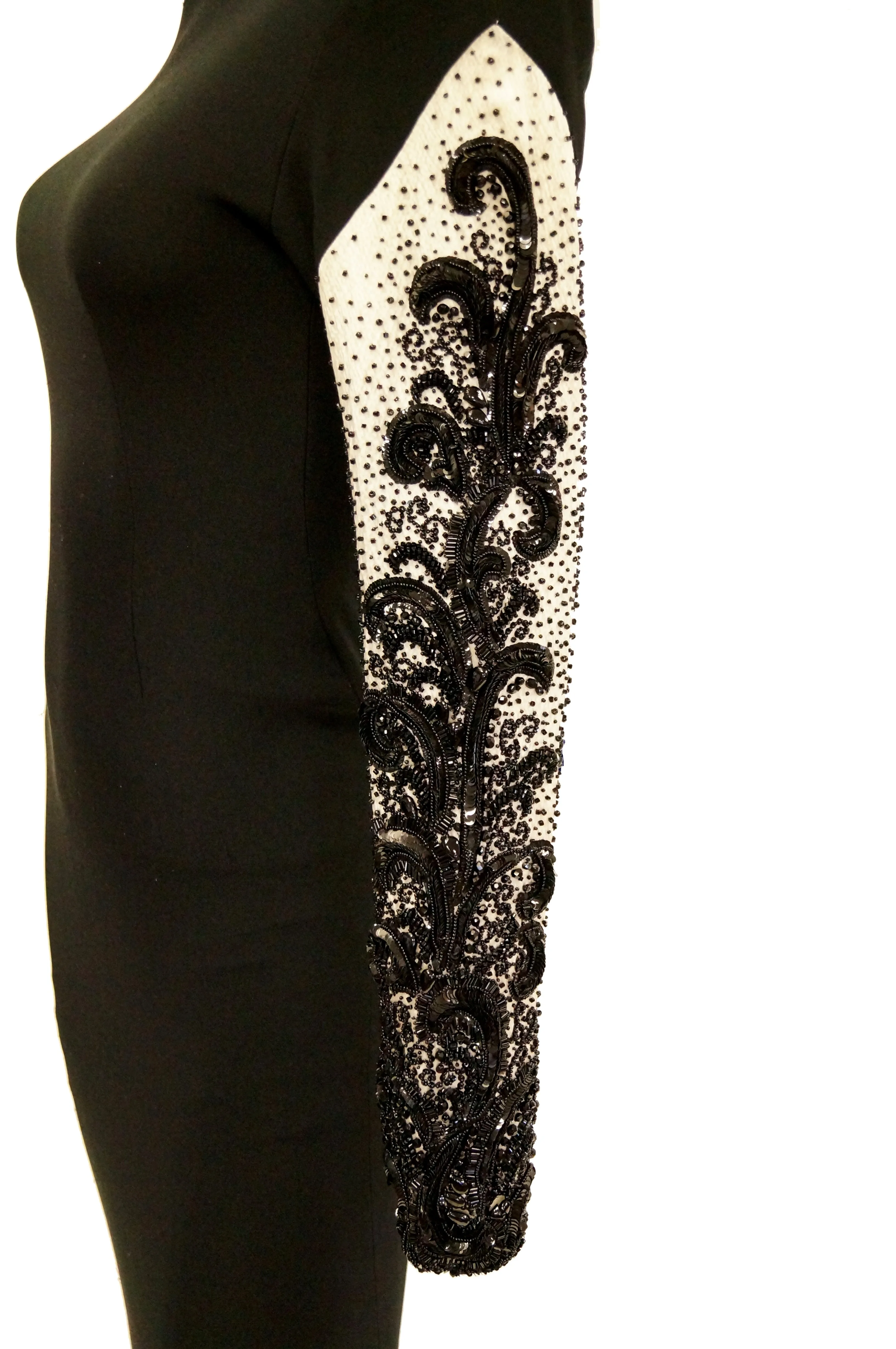 1980s Bill Blass Couture Black and White Beaded Evening Dress