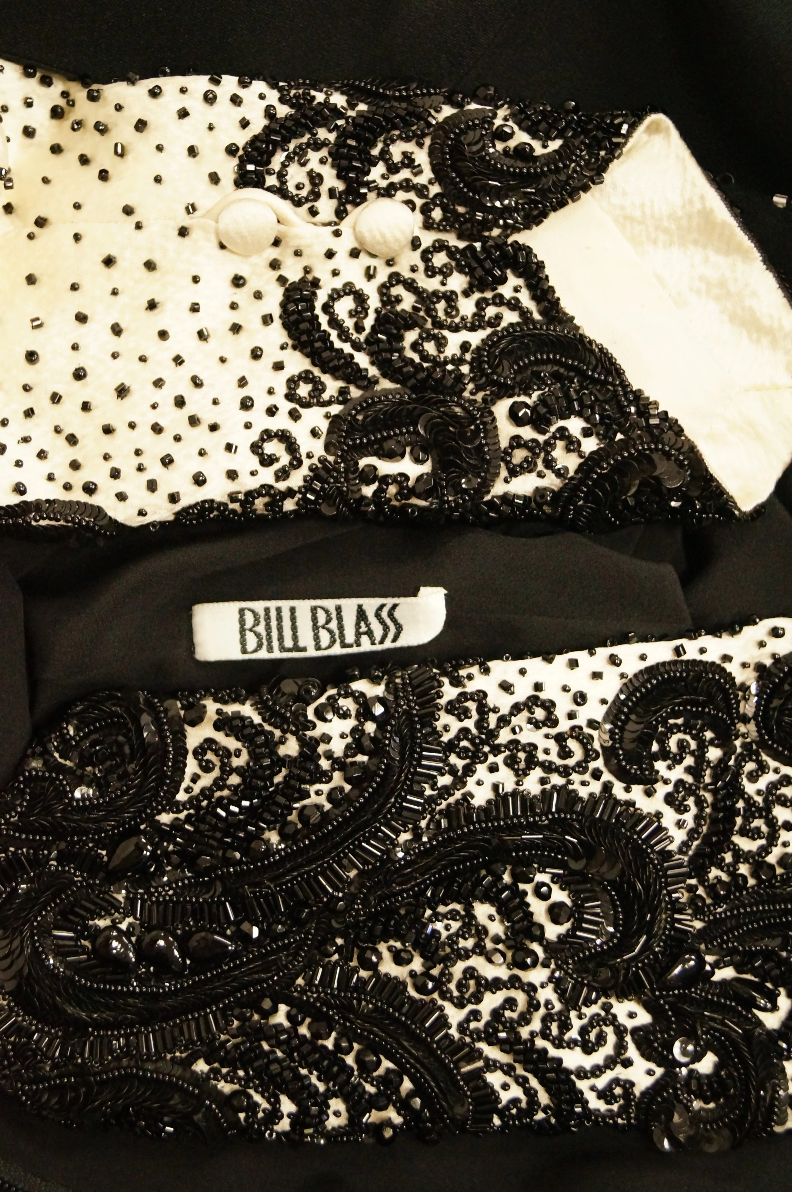 1980s Bill Blass Couture Black and White Beaded Evening Dress