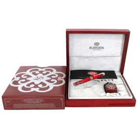 2004 AURORA 85TH ANNIVERSARY LIMITED EDITION STERLING SILVER & RED MARBLED FOUNTAIN PEN NEVER INKED