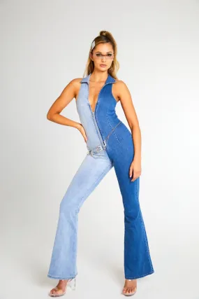 '70s Flare Half & Half Denim Catsuit