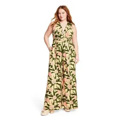 Agua Bendita Sleeveless Cutout Back Full-Length Jumpsuit, Botanical Olive/Yellow