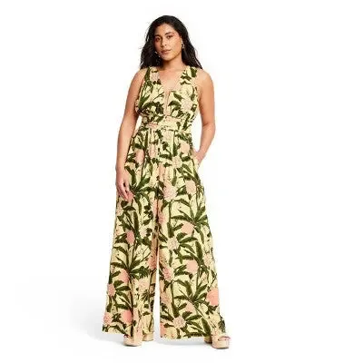 Agua Bendita Sleeveless Cutout Back Full-Length Jumpsuit, Botanical Olive/Yellow