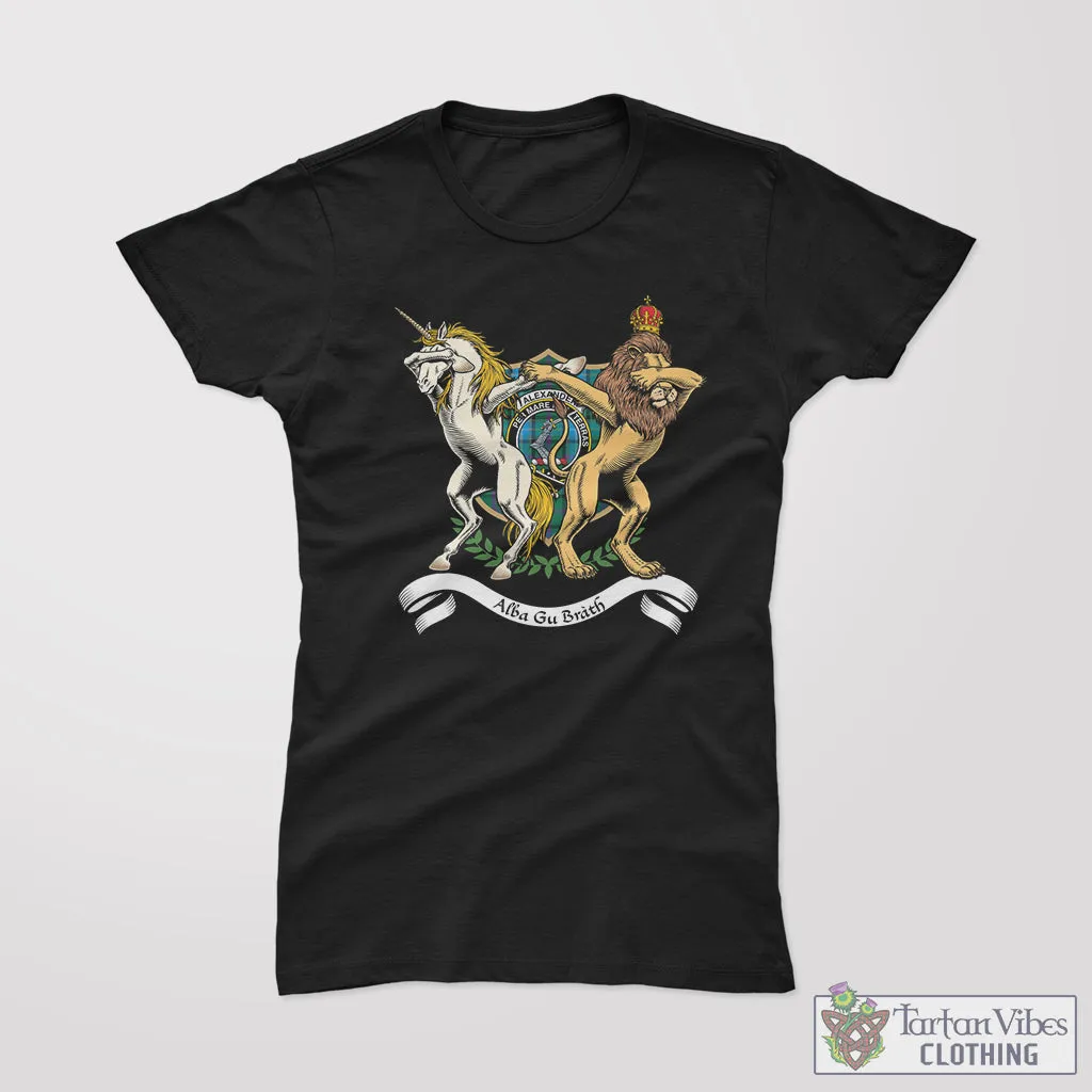 Alexander of Menstry Hunting Family Crest Cotton Women's T-Shirt with Scotland Royal Coat Of Arm Funny Style