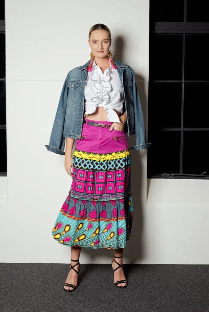 Ankara Skirt with Vintage Pink Denim- SFH Designs Original