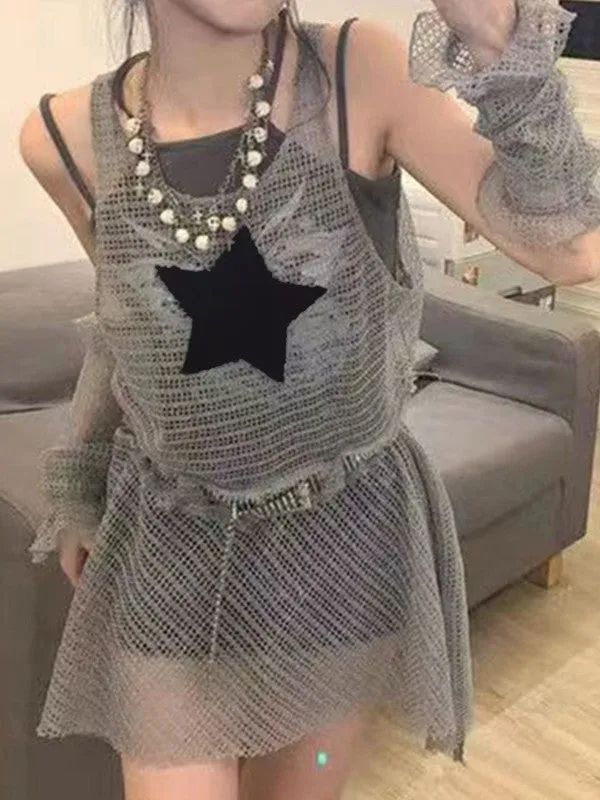 Arm Gloves Hollow Out Star Crochet Knit Mini Dress