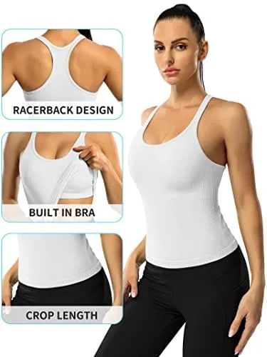 ATTRACO Women's Seamless Workout Crop Top Ribbed Yoga Racerback Built in Bra Tank White S