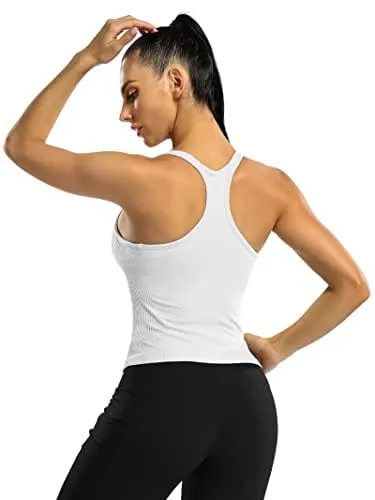 ATTRACO Women's Seamless Workout Crop Top Ribbed Yoga Racerback Built in Bra Tank White S