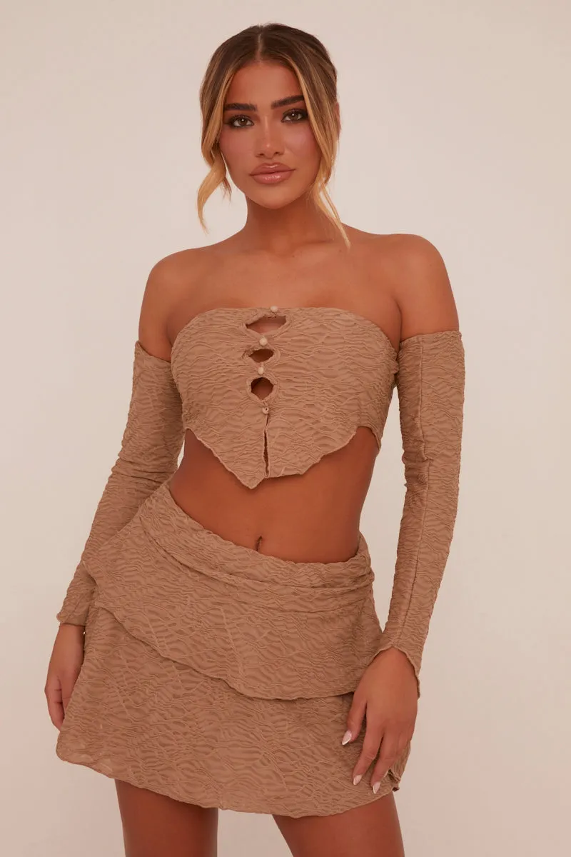 Beige Bandeau Cut Out Crop Top & Frill Detail Mini skirt Co-ord Set - Zelda