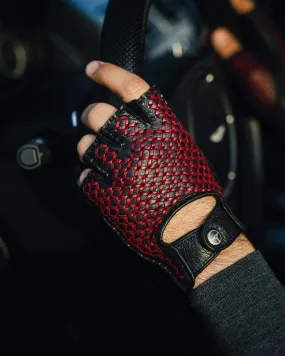 BESPOKE - Fingerless Peccary Leather Driving Gloves - Black/Red