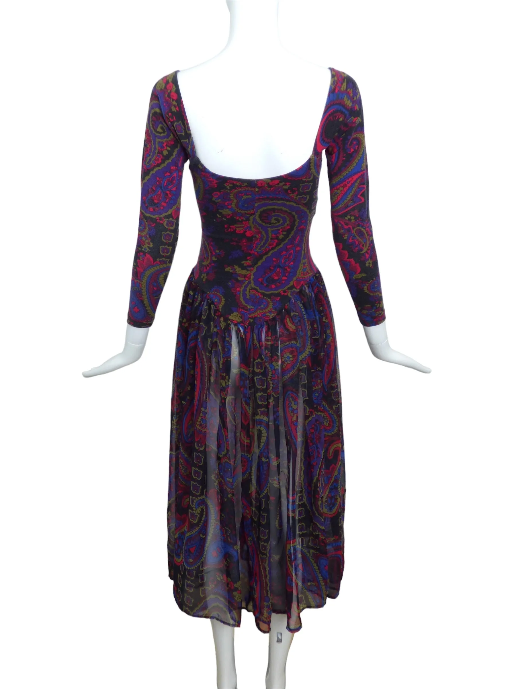 BETSEY JOHNSON-1980s Paisley Knit & Chiffon Dress, Size-Small