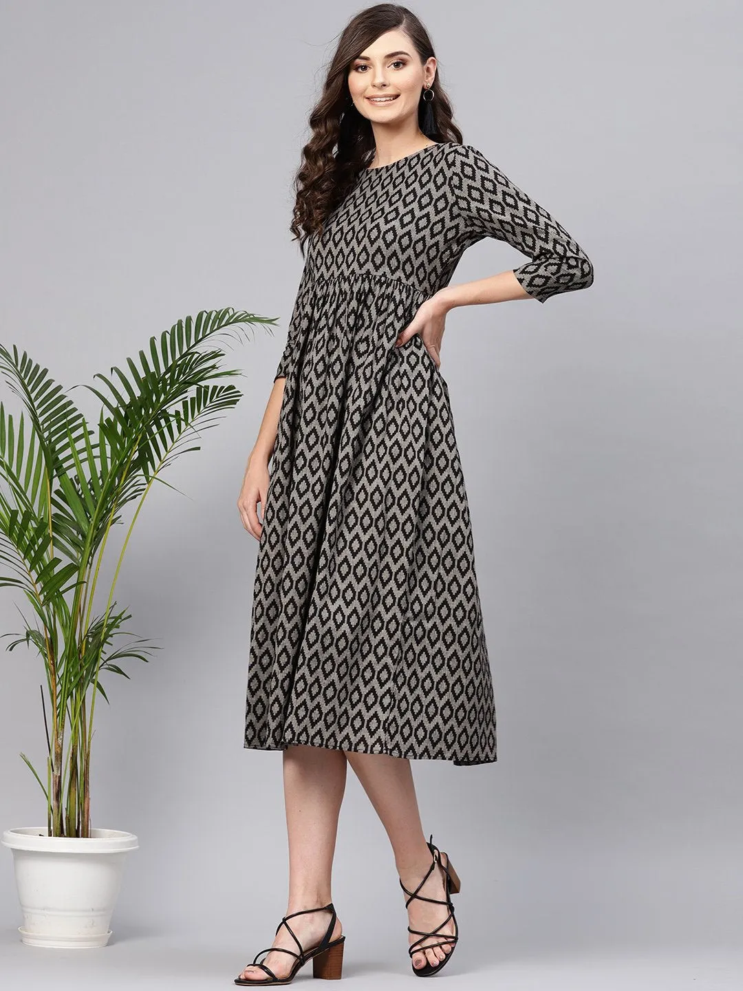 Black Ikat Gathered Dress