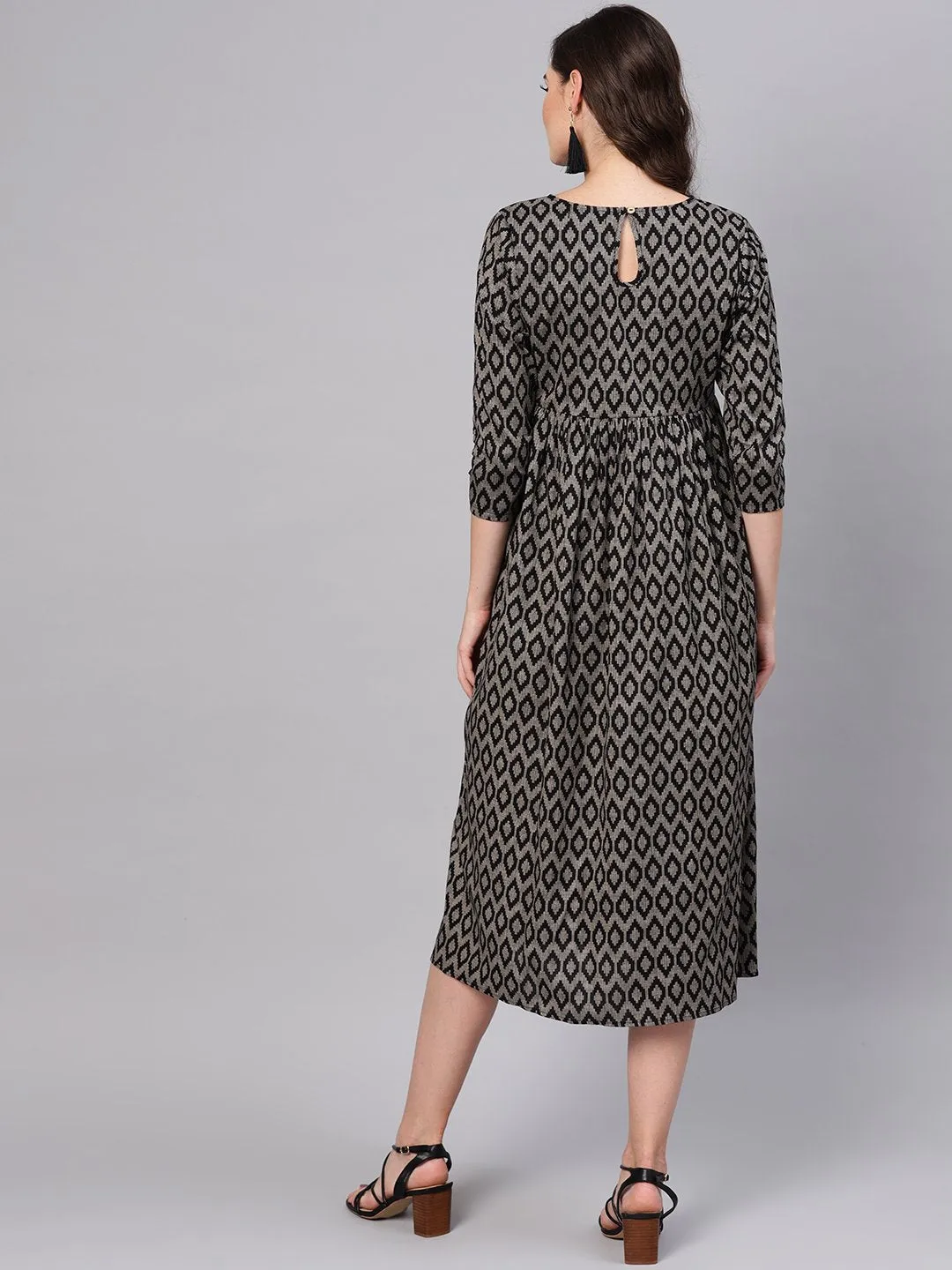 Black Ikat Gathered Dress