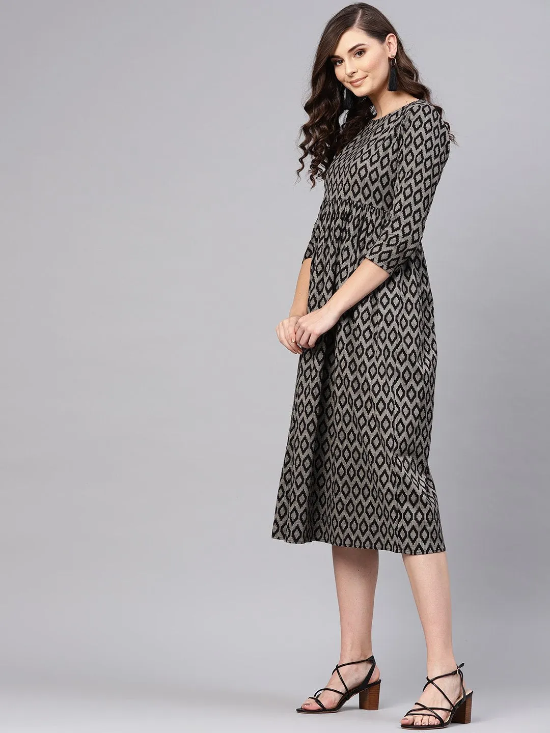 Black Ikat Gathered Dress