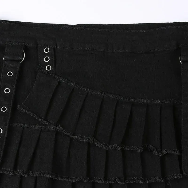 Black Layered Pleated Mini Skirt