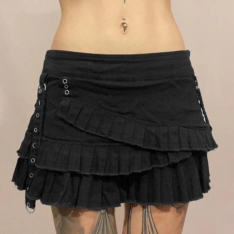 Black Layered Pleated Mini Skirt