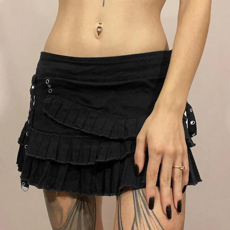 Black Layered Pleated Mini Skirt