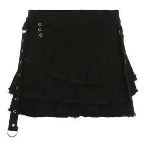 Black Layered Pleated Mini Skirt