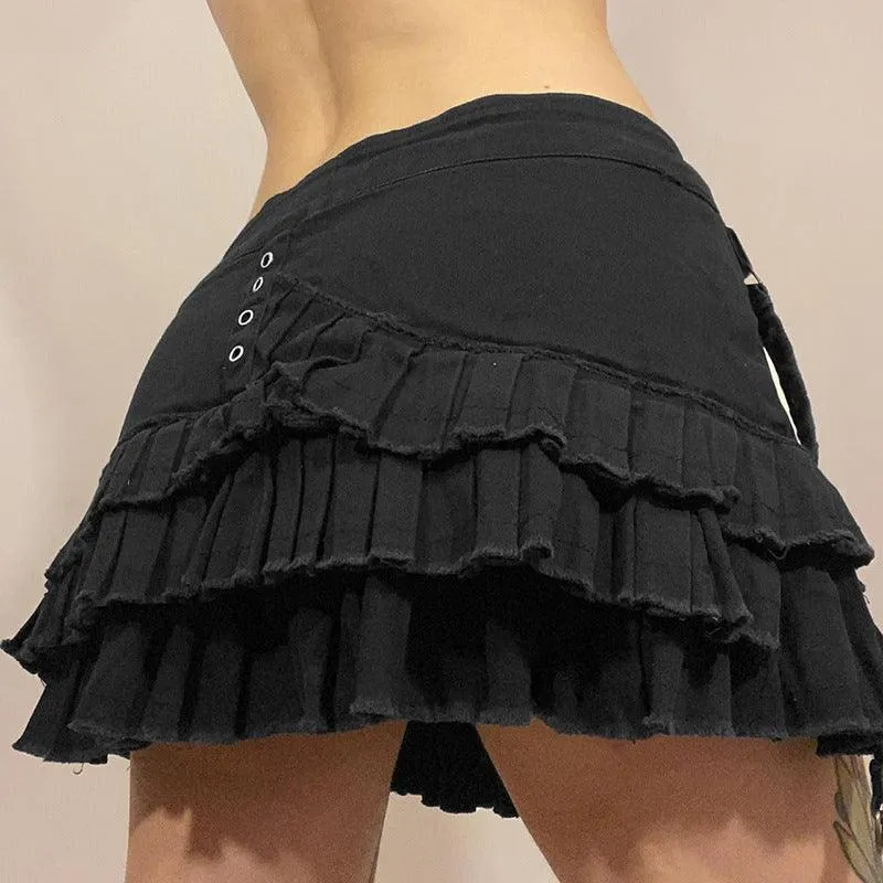 Black Layered Pleated Mini Skirt