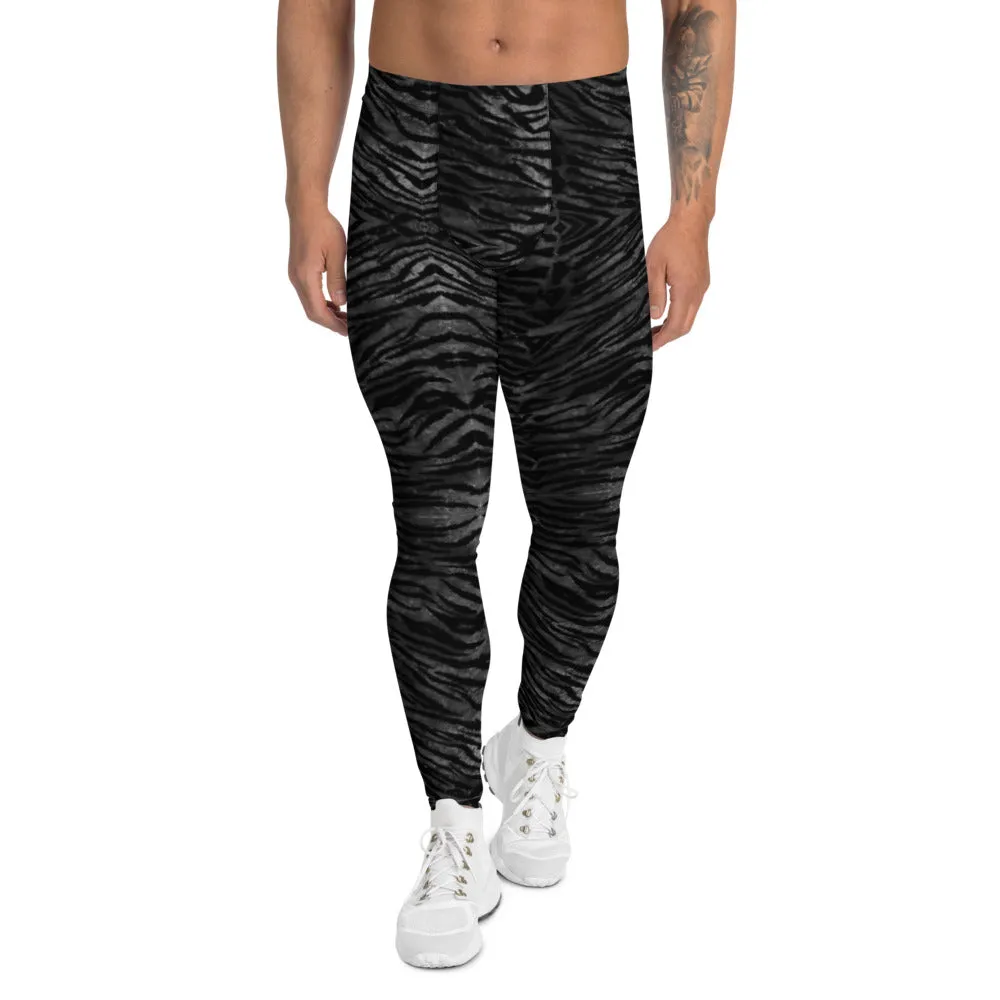 Black Tiger Striped Print Meggings, Sexy Animal Print Designer Men's Leggings-Made in USA