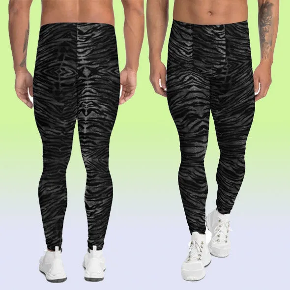 Black Tiger Striped Print Meggings, Sexy Animal Print Designer Men's Leggings-Made in USA