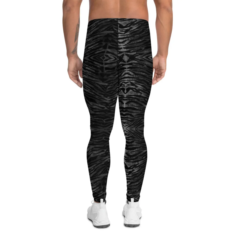 Black Tiger Striped Print Meggings, Sexy Animal Print Designer Men's Leggings-Made in USA