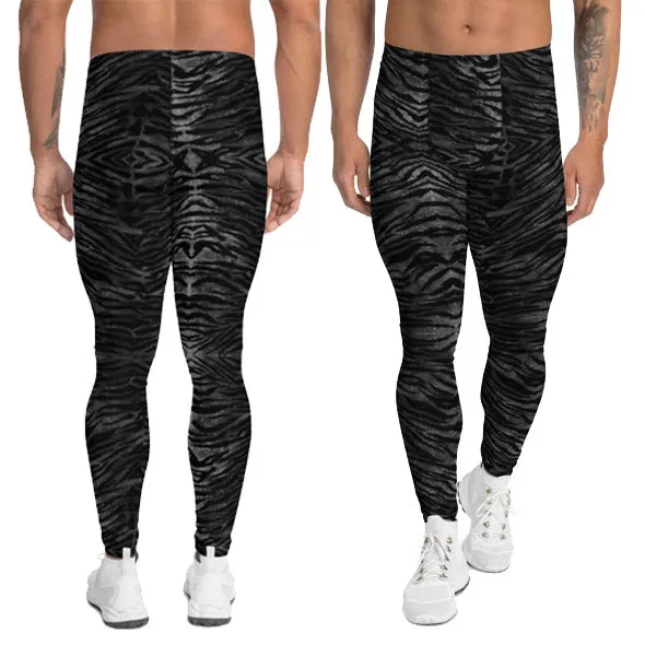 Black Tiger Striped Print Meggings, Sexy Animal Print Designer Men's Leggings-Made in USA