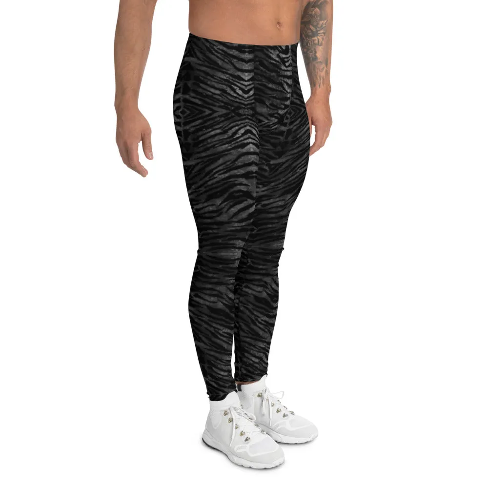 Black Tiger Striped Print Meggings, Sexy Animal Print Designer Men's Leggings-Made in USA