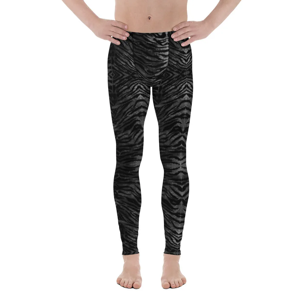 Black Tiger Striped Print Meggings, Sexy Animal Print Designer Men's Leggings-Made in USA