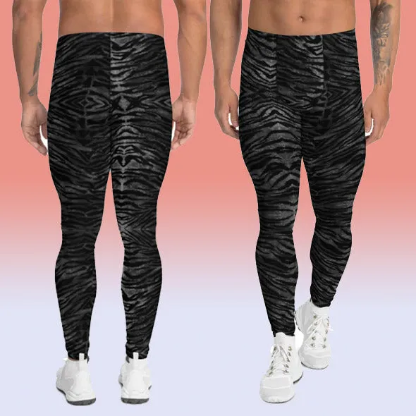 Black Tiger Striped Print Meggings, Sexy Animal Print Designer Men's Leggings-Made in USA