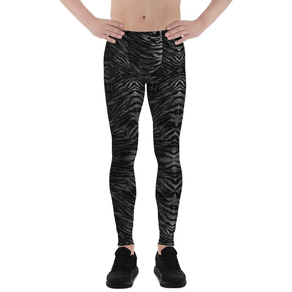 Black Tiger Striped Print Meggings, Sexy Animal Print Designer Men's Leggings-Made in USA