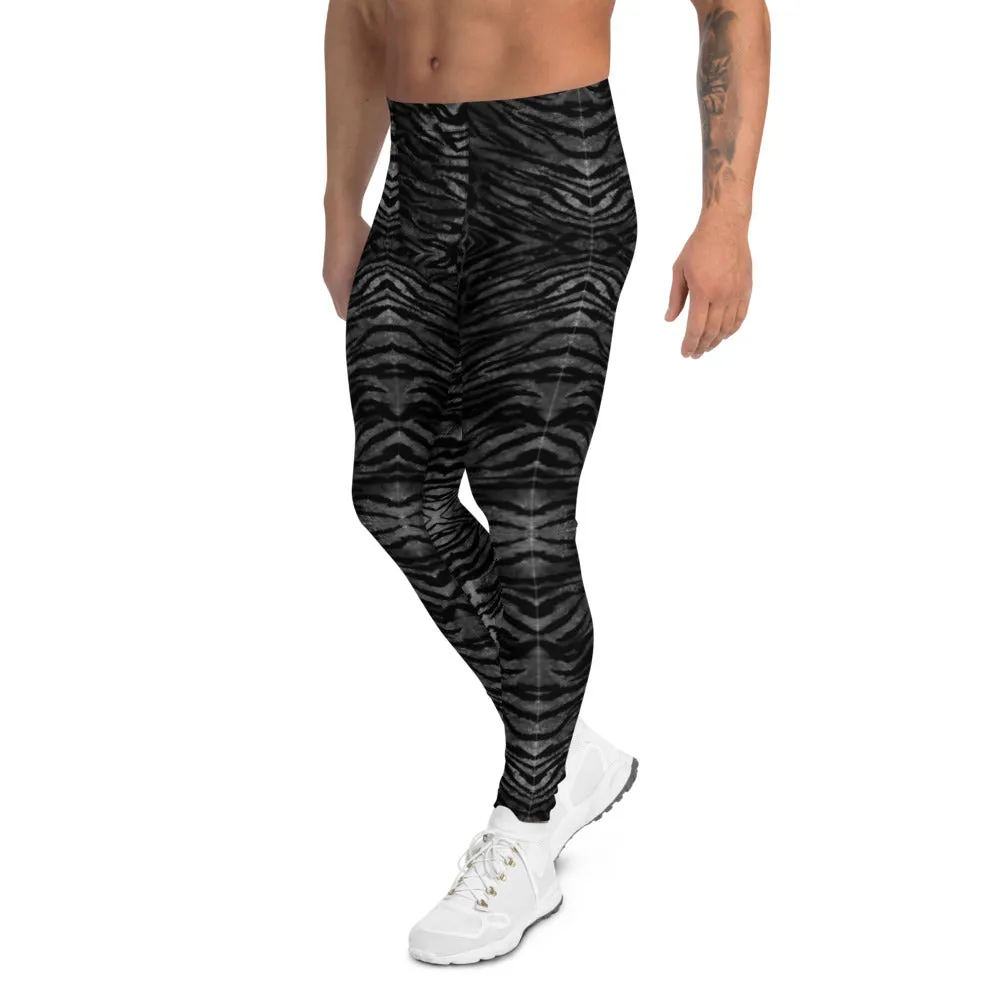 Black Tiger Striped Print Meggings, Sexy Animal Print Designer Men's Leggings-Made in USA