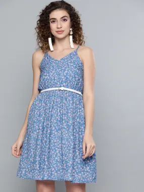 Blue Ditsy Floral Short Strappy Belted Dress