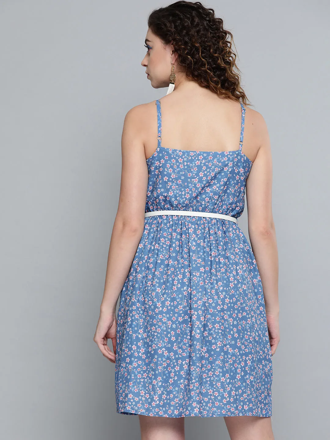 Blue Ditsy Floral Short Strappy Belted Dress