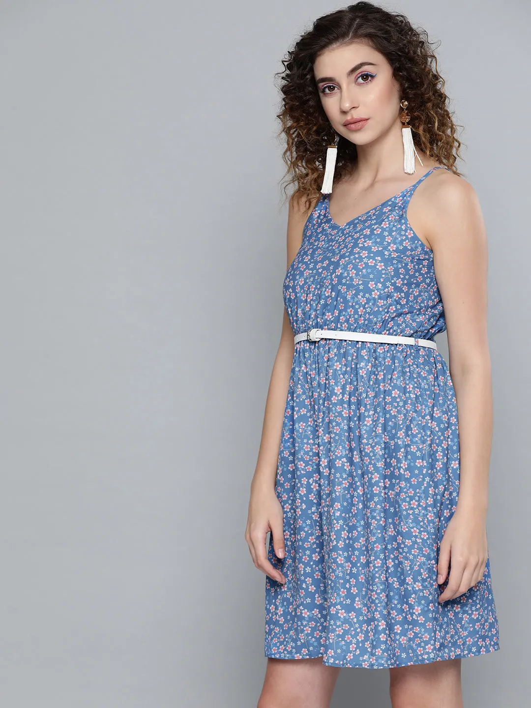 Blue Ditsy Floral Short Strappy Belted Dress