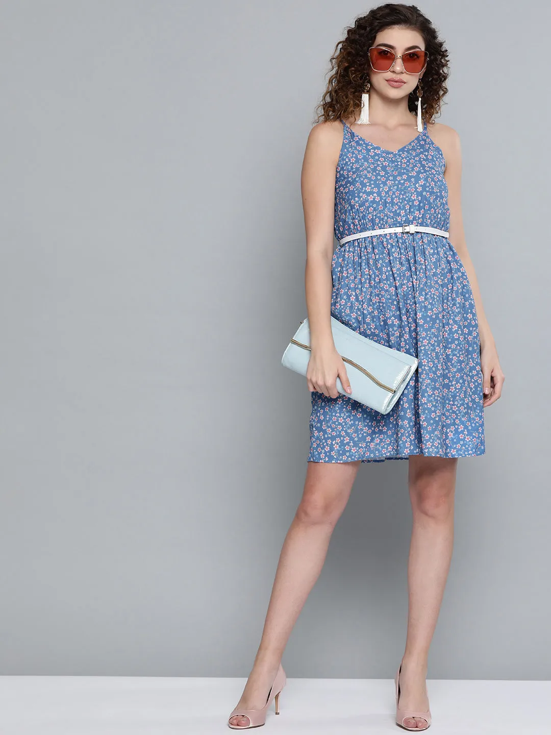 Blue Ditsy Floral Short Strappy Belted Dress