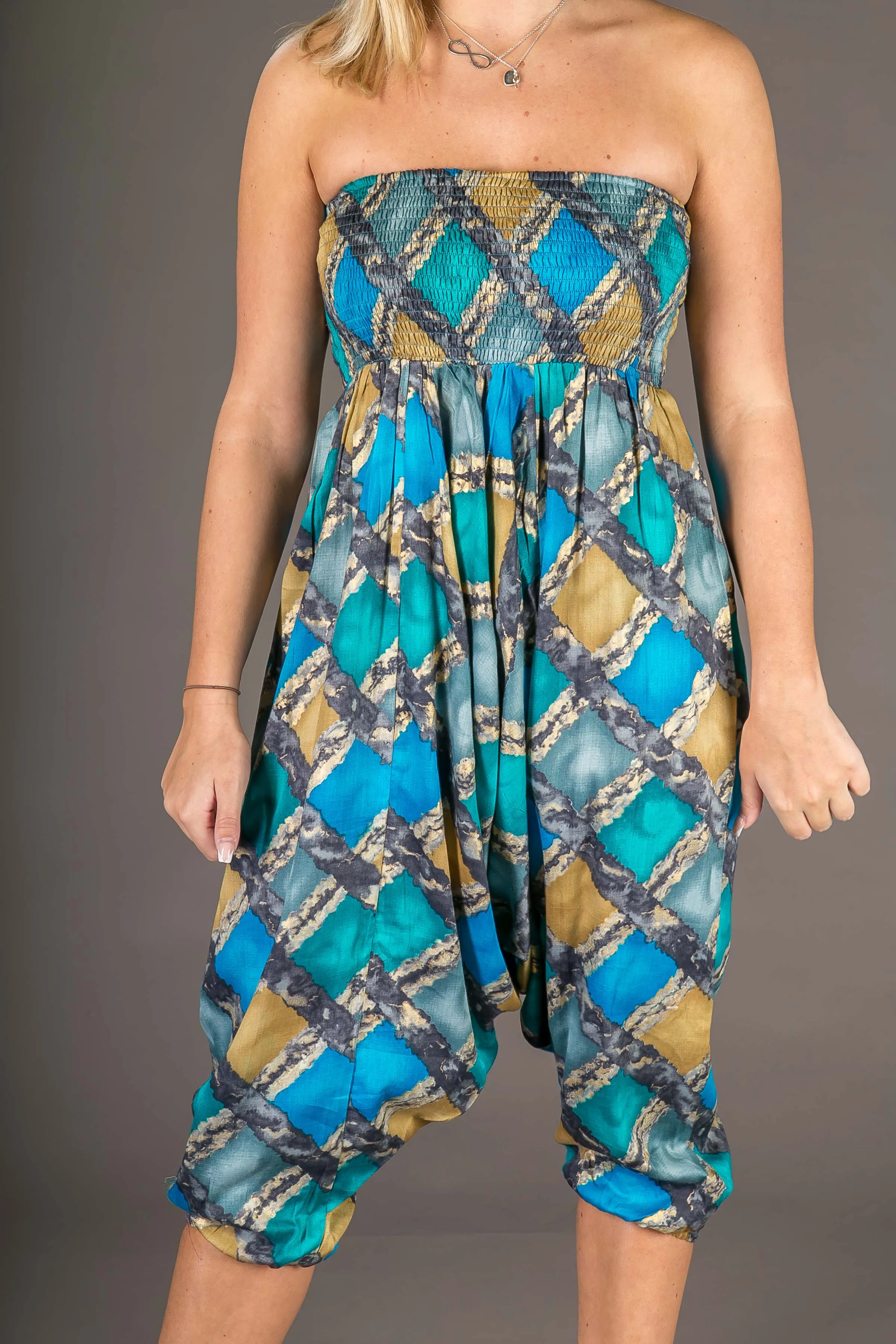 Blue Gold Print Cotton Harem Yoga Jumpsuit Pants