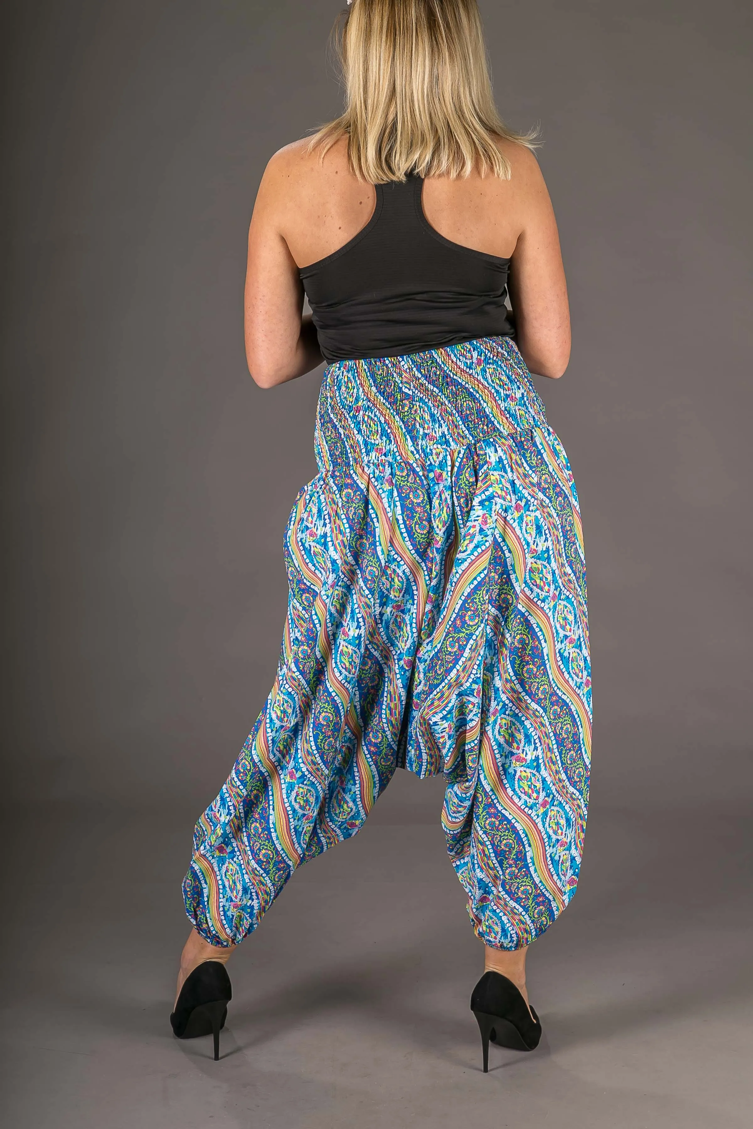 Blue Yellow Wave Print Cotton Harem Yoga Jumpsuit Pants