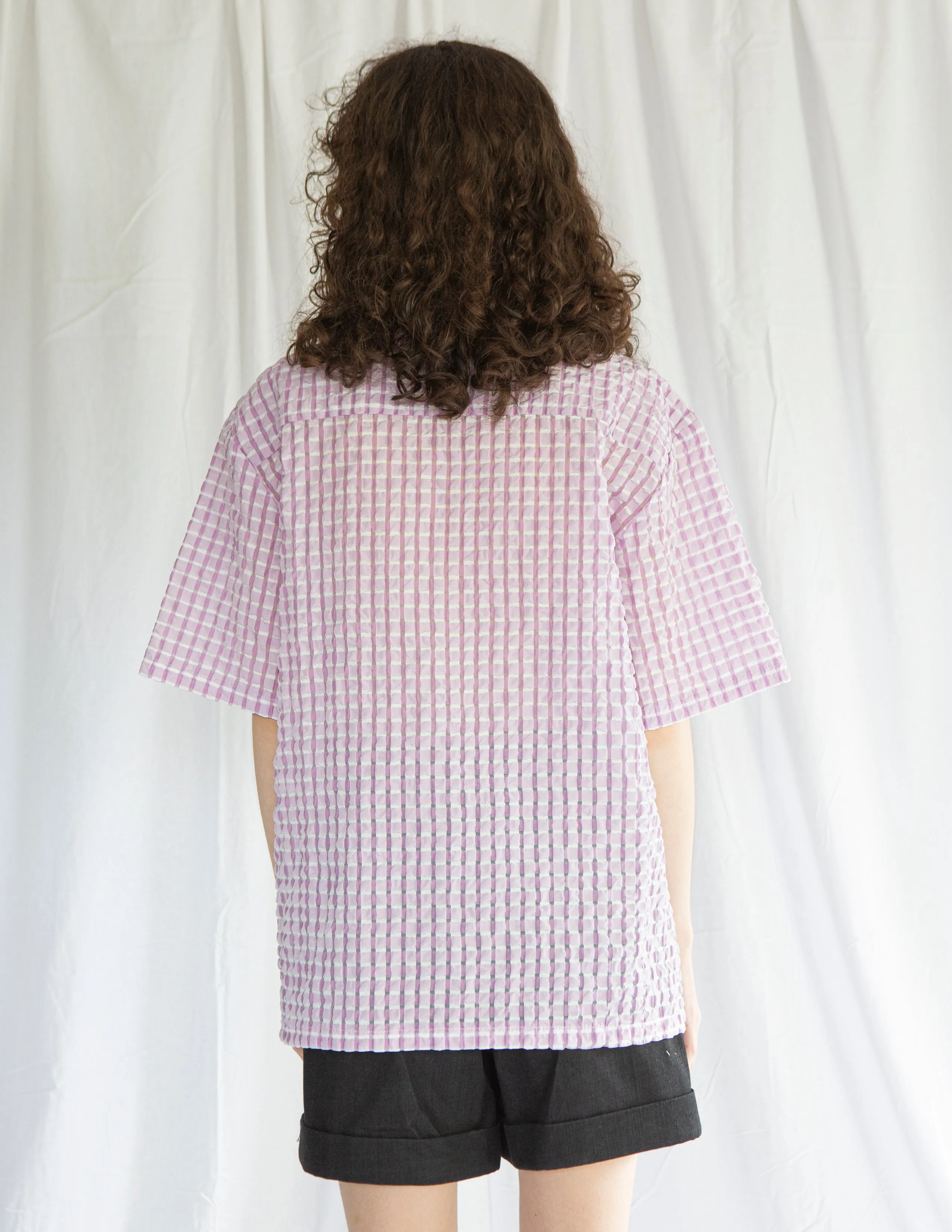 Bowling Shirt in Lilac Seersucker (PATCH VERSION, NO BOW)