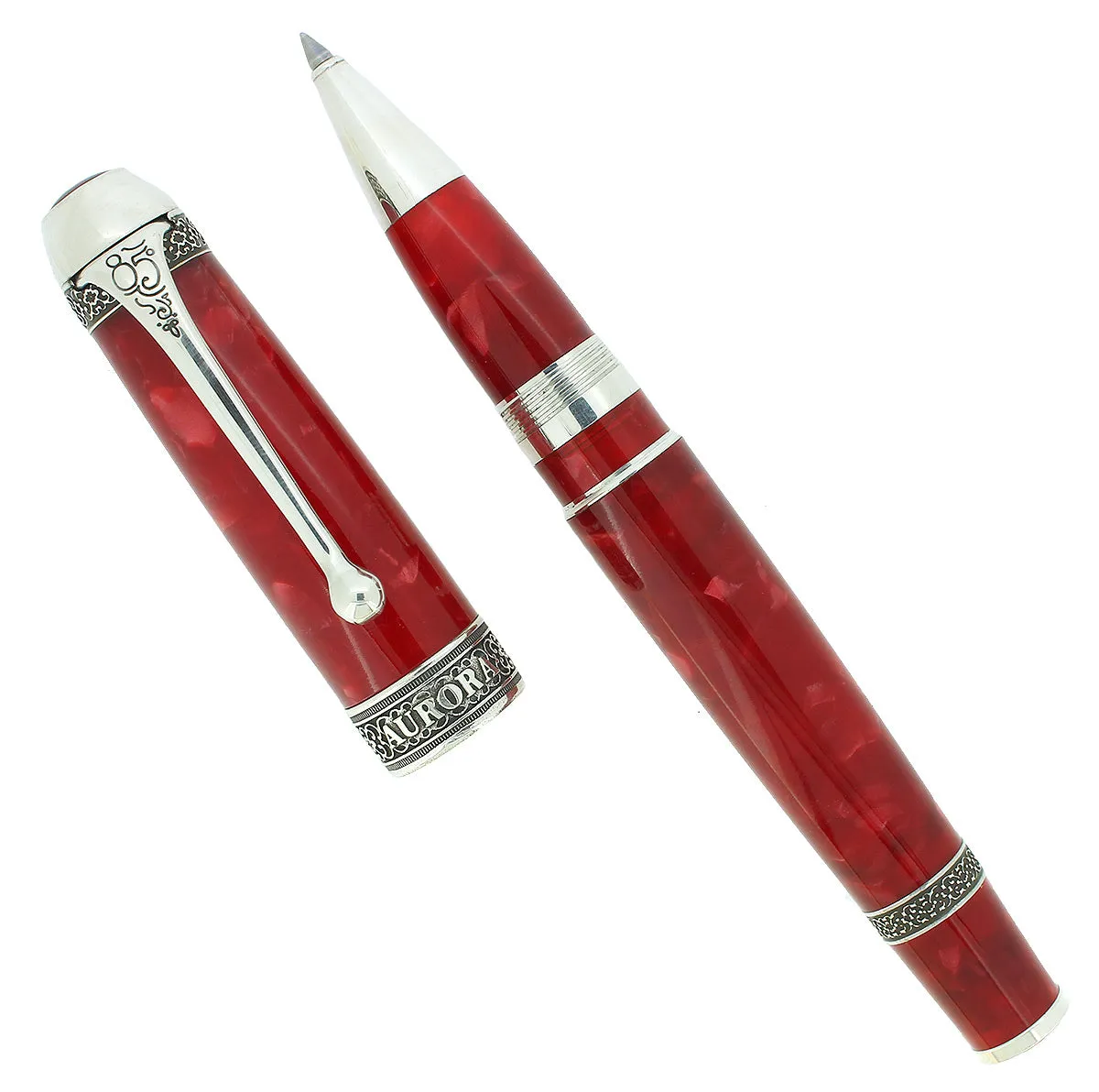 BOXED AURORA 85TH ANNIVERSARY LIMITED EDITION STERLING SILVER & RED MARBLED ROLLERBALL PEN